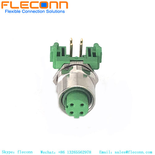 M12 Connector 4 Pin D-Code Female, Green Rubber Core Pcb Plug-In Elbow