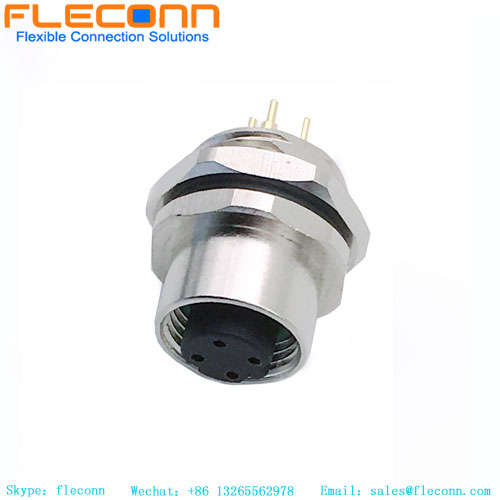 M12 PCB Panel Mount Connector, 4 Pins, Female, Rear Lock