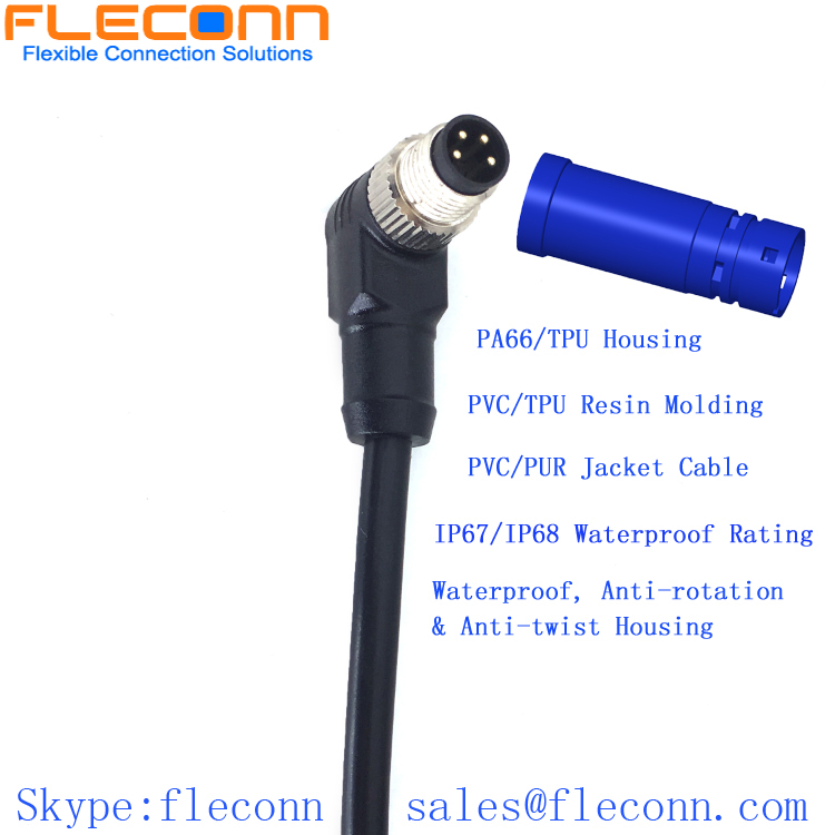 M8 Male to Male Cable, 90 Degree Angle Molded Connector Cable Assembly