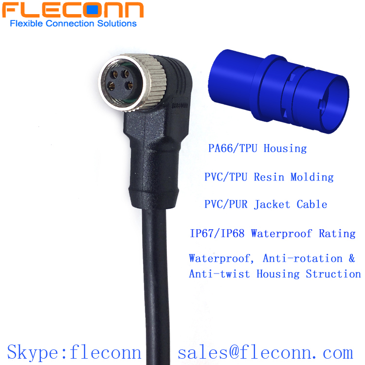 M8 4 Pos Right Angled Female Cable, IP67 IP68 Waterproof Connector