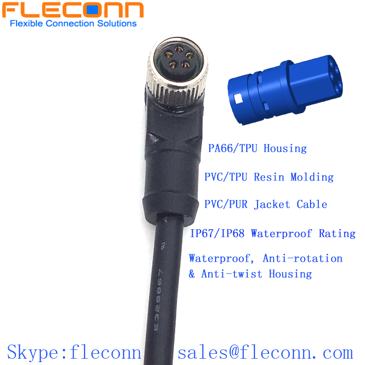 M8 B-coding 5 Position Sensor Cable, Right Angle Molded Female Connector Cable Assembly