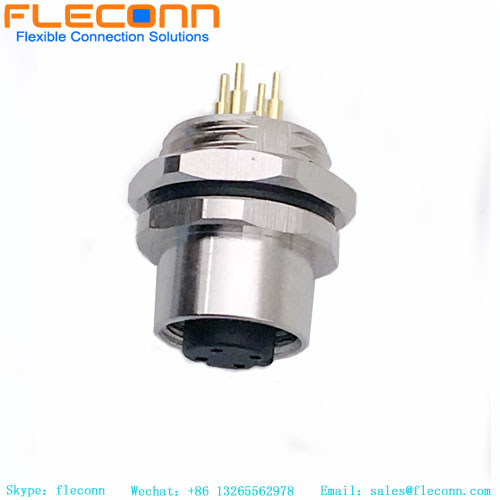 M12 PCB Panel Mount Connector, 4 Pins, Female, Rear Hex Nut Lock
