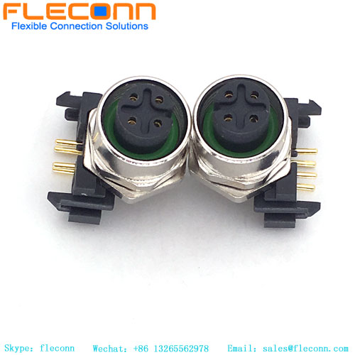 M12 4 Pole A-Coded Right Angle PCB Panel Mount Connector