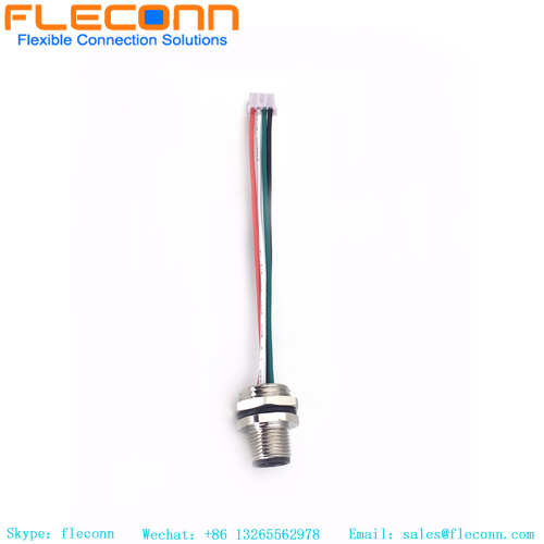 M12 4 Pin A-Code Male Front Mount Connector with 24AWG Pigtails